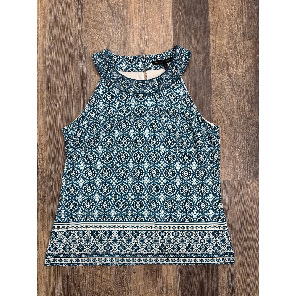 White House Black Market Blue White Geometric Embroidered Halter Top Small